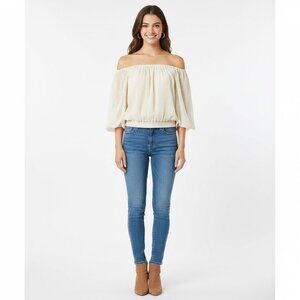 By The River Cream Swiss Dot Off Shoulder Metallic Puff Sleeve Crop Top Size L